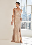 Caviar Patterned Metallic Brocade Evening Gown with Asymmetric Bodice
