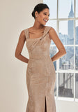 Caviar Patterned Metallic Brocade Evening Gown with Asymmetric Bodice