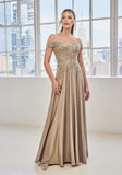 Off The Shoulder Embroidered Crepe Evening Gown