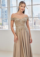 Off The Shoulder Embroidered Crepe Evening Gown