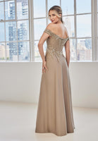 Off The Shoulder Embroidered Crepe Evening Gown
