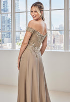 Off The Shoulder Embroidered Crepe Evening Gown