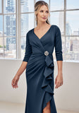Draped Ruffle Evening Gown with Three Quarter Sleeves