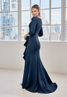 Draped Ruffle Evening Gown with Three Quarter Sleeves