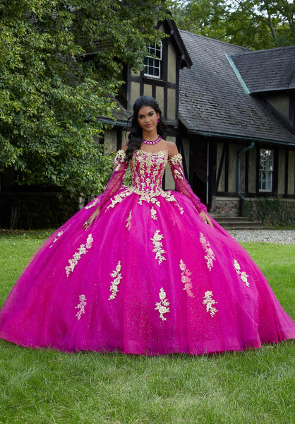 Crystal Beaded Three-Dimensional Embroidered Sparkle Tulle Quinceañera Dress