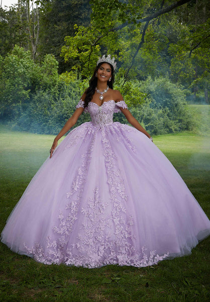Crystal Beaded Lace Sheer Bodice Quinceañera Dress