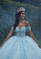 Crystal Beaded Lace Sheer Bodice Quinceañera Dress