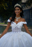Crystal Beaded Three-Dimensional Embroidered Quinceañera Dress with Sheer Bodice
