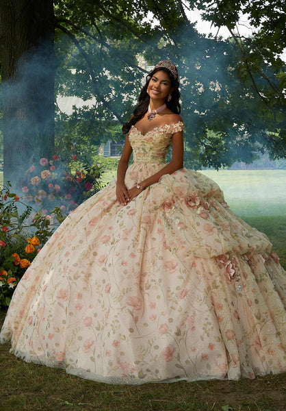 Floral Printed Quinceañera Dress with Three-Dimensional Flowers