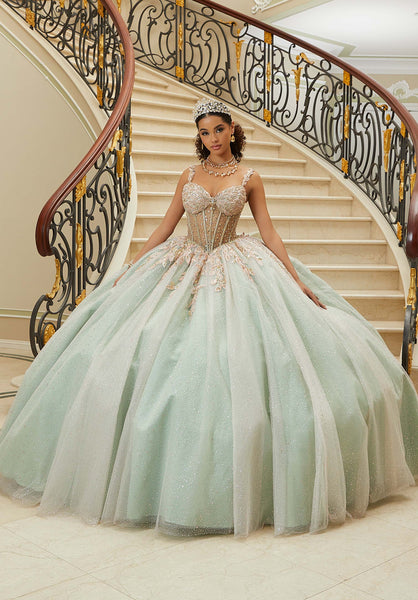 Three-Dimensional Embroidered Diamanté Beaded Quinceañera Dress with Sheer Bodice