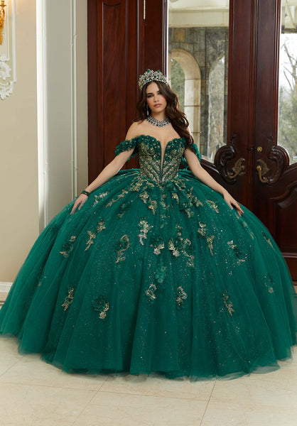 Three-Dimensional Flowers and Metallic Lace Sparkle Tulle Quinceañera Dress