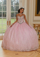 Patterned Glitter Net Quinceañera Dress with Jeweled Beading and Back Bow