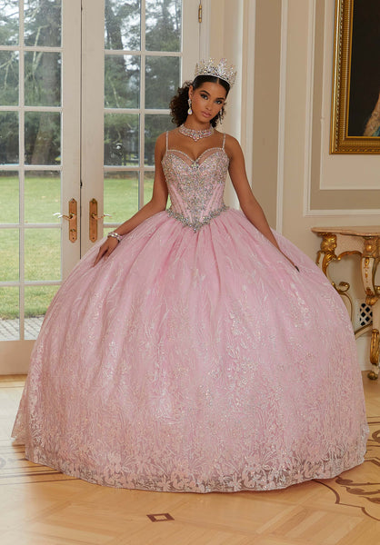 Patterned Glitter Net Quinceañera Dress with Jeweled Beading and Back Bow