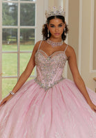 Patterned Glitter Net Quinceañera Dress with Jeweled Beading and Back Bow
