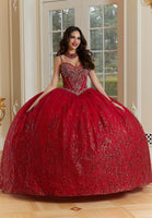 Patterned Glitter Net Quinceañera Dress with Jeweled Beading and Back Bow