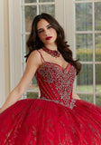 Patterned Glitter Net Quinceañera Dress with Jeweled Beading and Back Bow
