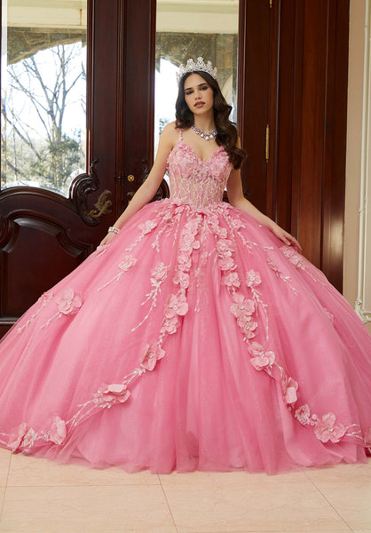Crystal Beaded Quinceañera Dress with Three-Dimensional Floral Glitter Appliqués