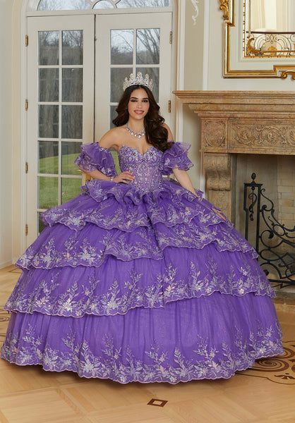 Tiered Tulle Quinceañera Dress with Crystal Beaded Metallic Embroidery