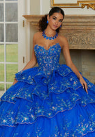 Tiered Tulle Quinceañera Dress with Crystal Beaded Metallic Embroidery