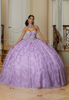 Floral Patterned Glitter Quinceañera Dress with Crystal Beading and Bow Details
