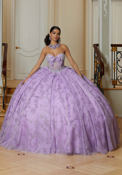Floral Patterned Glitter Quinceañera Dress with Crystal Beading and Bow Details