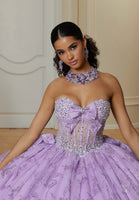 Floral Patterned Glitter Quinceañera Dress with Crystal Beading and Bow Details