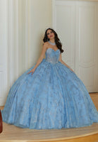 Floral Patterned Glitter Quinceañera Dress with Crystal Beading and Bow Details