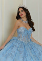 Floral Patterned Glitter Quinceañera Dress with Crystal Beading and Bow Details