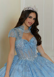 Floral Patterned Glitter Quinceañera Dress with Crystal Beading and Bow Details