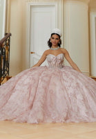 Floral Patterned Glitter Quinceañera Dress with Crystal Beading and Bow Details