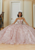 Floral Patterned Glitter Quinceañera Dress with Crystal Beading and Bow Details