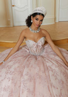 Floral Patterned Glitter Quinceañera Dress with Crystal Beading and Bow Details