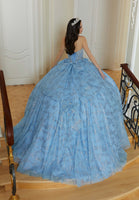Floral Patterned Glitter Quinceañera Dress with Crystal Beading and Bow Details