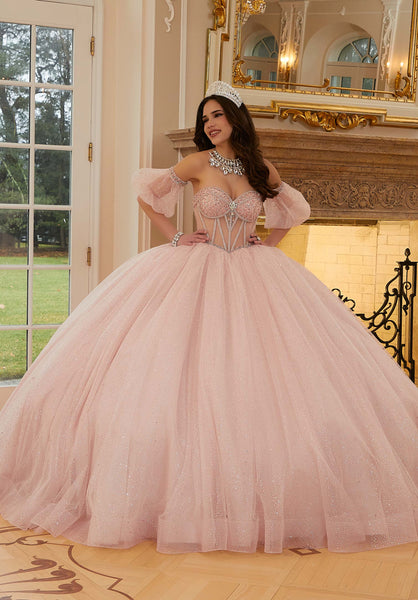 Pearl and Crystal Beaded Sparkle Tulle Quinceañera Dress with Back Bows