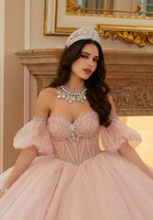 Pearl and Crystal Beaded Sparkle Tulle Quinceañera Dress with Back Bows