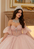 Pearl and Crystal Beaded Sparkle Tulle Quinceañera Dress with Back Bows