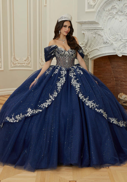 Sheer Chandelier Beaded Floral Glitter Quinceañera Dress