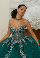 Sheer Chandelier Beaded Floral Glitter Quinceañera Dress