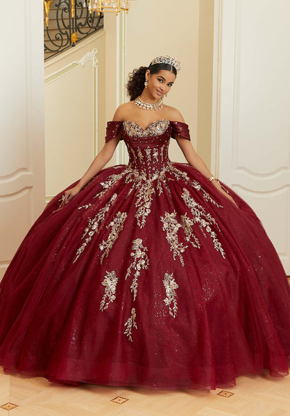 Crystal Beaded Contrasting Glitter Appliquéd Quinceañera Dress with Satin Cowl