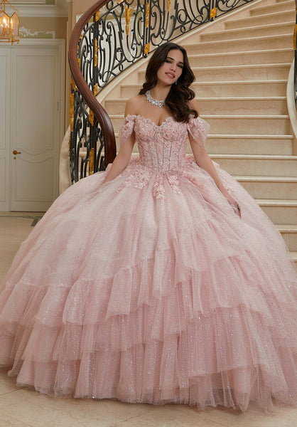 Three-Dimensional Floral Lace Quinceañera Dress on a Flounced Skirt