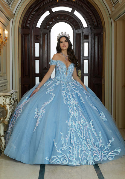 Iridescent Patterned Sequin and Three-Dimensional Floral Quinceañera Dress