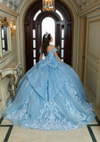 Iridescent Patterned Sequin and Three-Dimensional Floral Quinceañera Dress