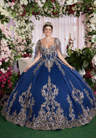Sequin Embroidered Metallic Quinceañera Dress with Cape