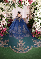 Sequin Embroidered Metallic Quinceañera Dress with Cape
