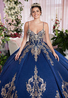 Sequin Embroidered Metallic Quinceañera Dress with Cape