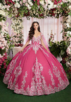 Sequin Embroidered Metallic Quinceañera Dress with Cape