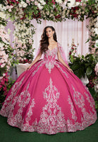 Sequin Embroidered Metallic Quinceañera Dress with Cape