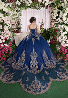 Sequin Embroidered Metallic Quinceañera Dress with Cape