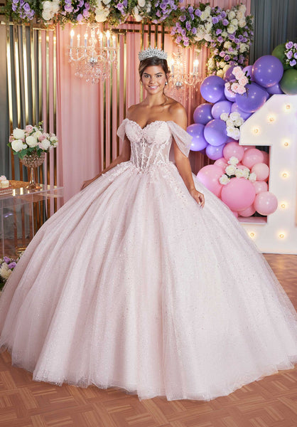 Embellished Lace and Glitter Tulle Quinceañera Dress with Tiered Ruffle Back