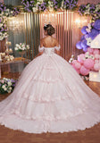 Embellished Lace and Glitter Tulle Quinceañera Dress with Tiered Ruffle Back